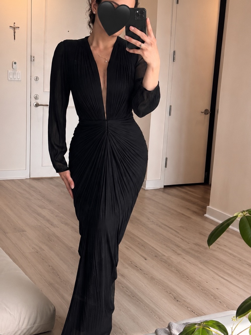 Maria Lucia Hohan Black Long-Sleeve Pleated V-Neck Evening Gown